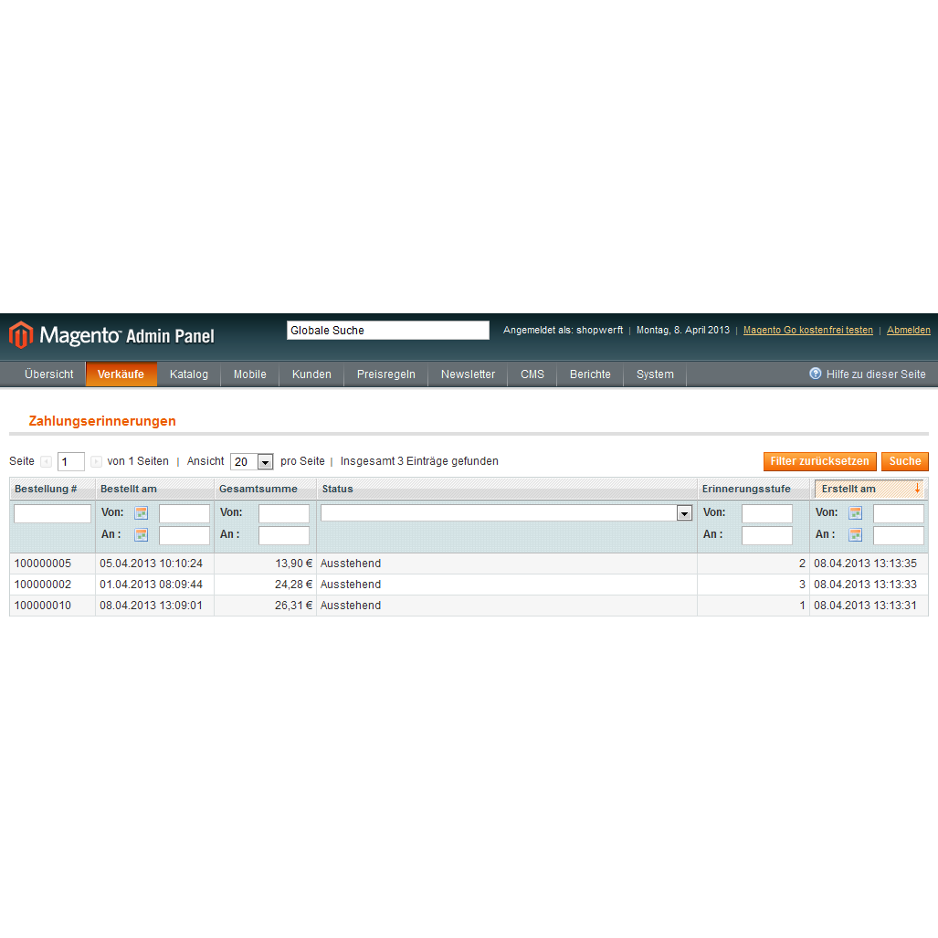 Zahlungserinnerung Mahnung Für Magento
