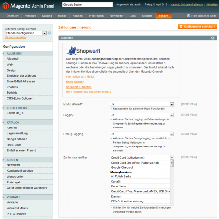 Allgemeine Konfiguration des Magento-Moduls