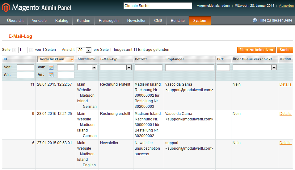 Übersicht aller automatisch verschickten E-Mails im E-Mail-Log