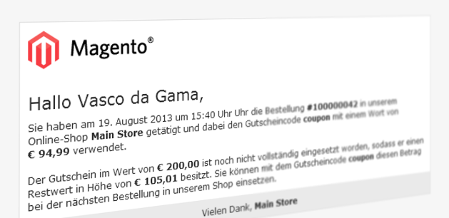 Beispiel-E-Mail für Benachrichtigung über Gutschein-Restwerte mit Magento