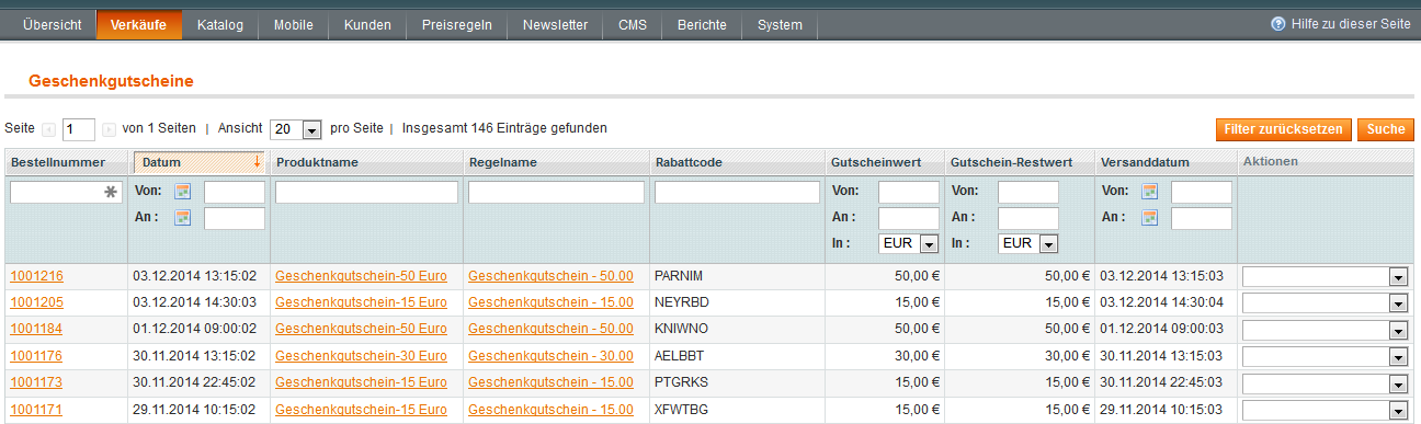 Übersicht der Geschenkgutscheine in Magento